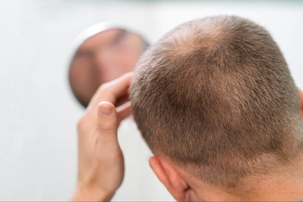 man looking at hair in the mirror